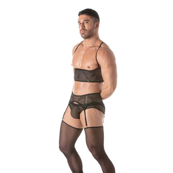 Men Wearing a Circuit Fishnet Bustier Black From Side
