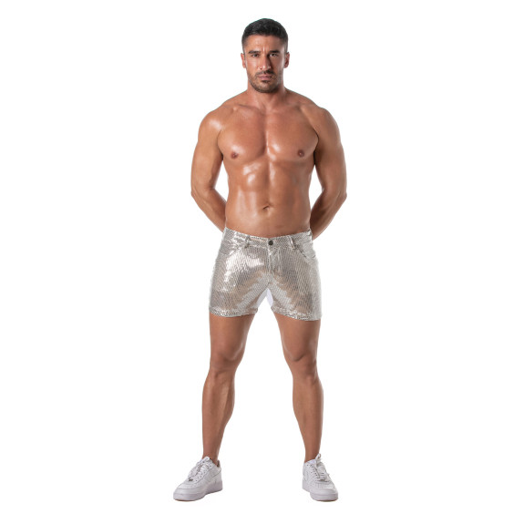 Men's Sexy Mid-Thigh Silver Glitter Shorts - TOF Paris