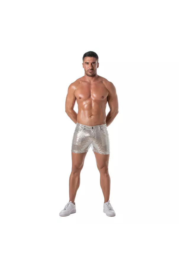 Men's Sexy Mid-Thigh Silver Glitter Shorts - TOF Paris