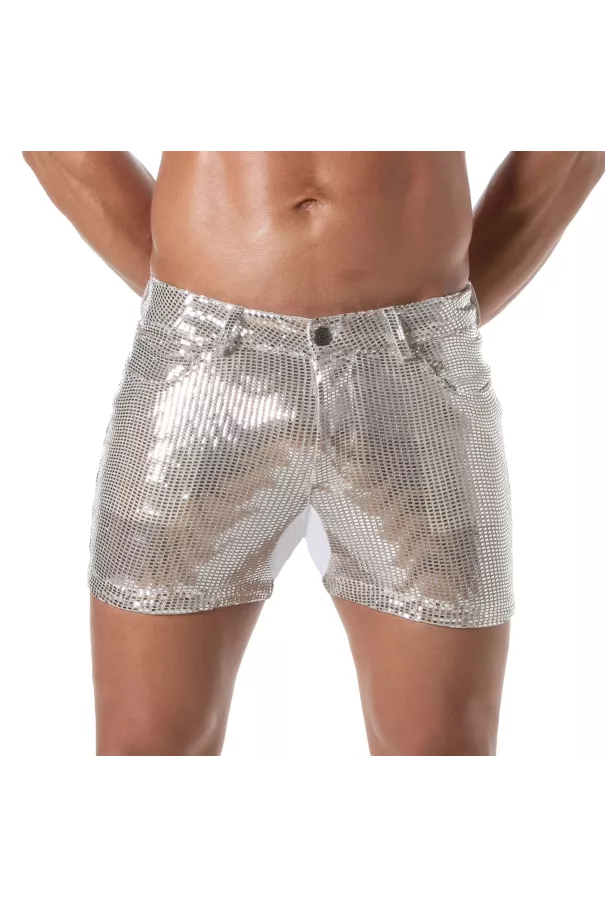 Men's Sexy Mid-Thigh Silver Glitter Shorts - TOF Paris