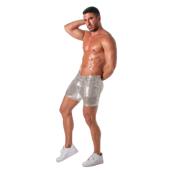 Men's Sexy Mid-Thigh Silver Glitter Shorts - TOF Paris