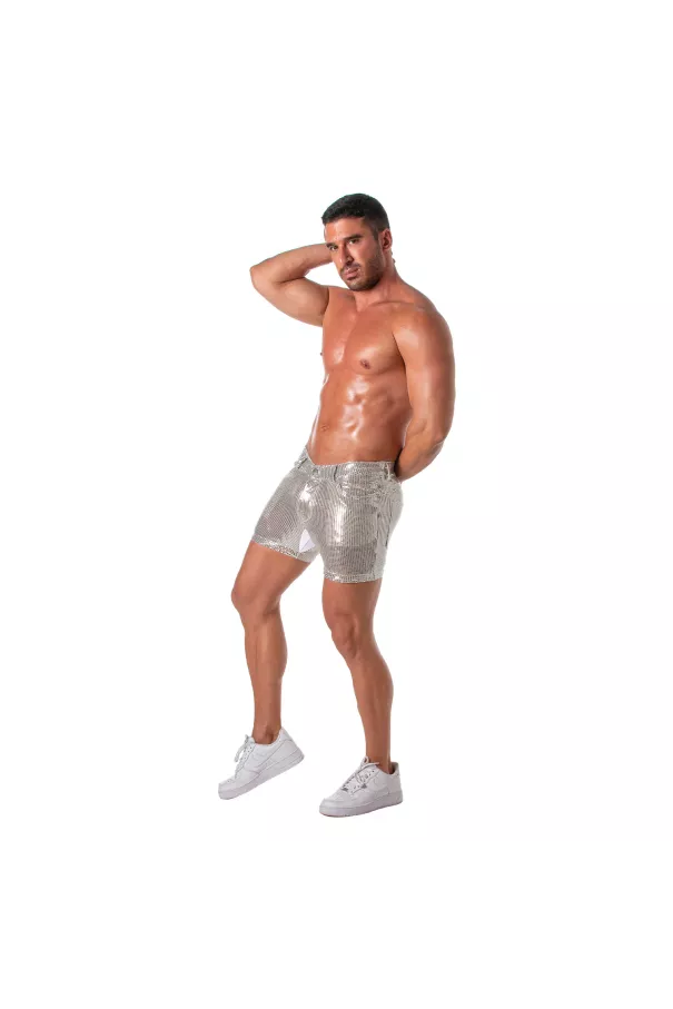Men's Sexy Mid-Thigh Silver Glitter Shorts - TOF Paris