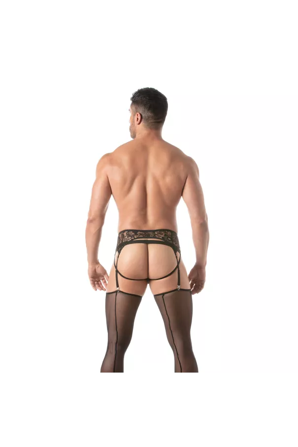 Men wearing a Lace Garter belt Set Black with a Lace Jockstrap From TOF Paris