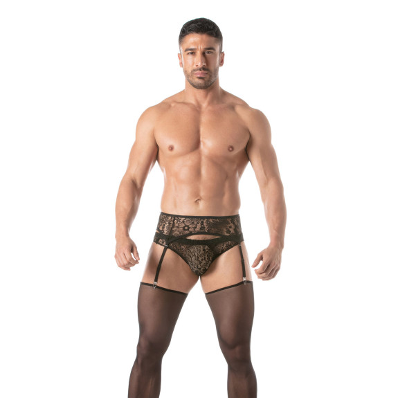 Men wearing a Lace Garter belt Set Black For Men From TOF Paris