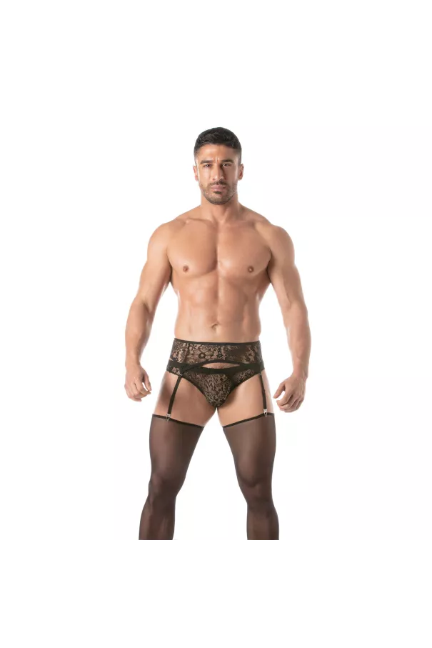 Men wearing a Lace Garter belt Set Black For Men From TOF Paris