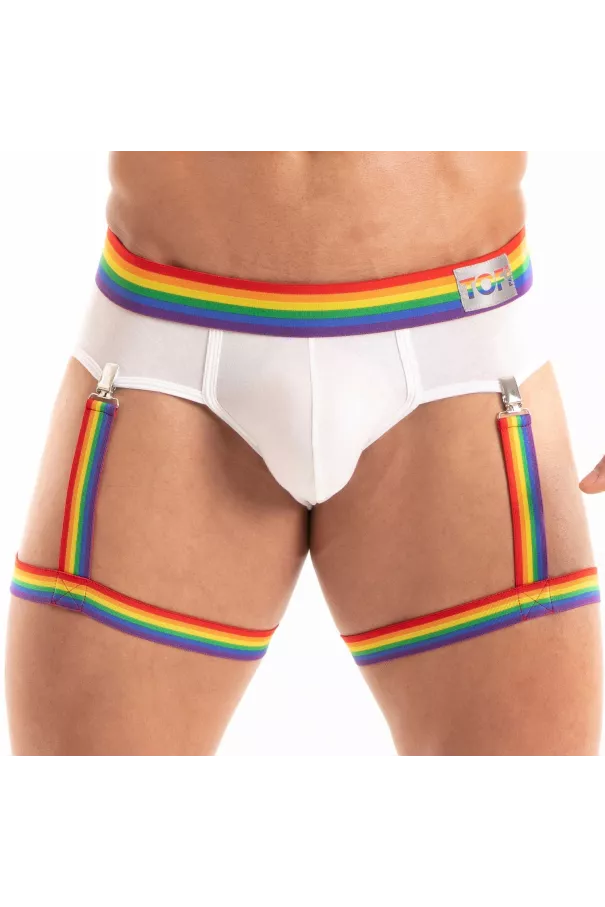 The Pride Briefs White With Rainbow Leg Harness
