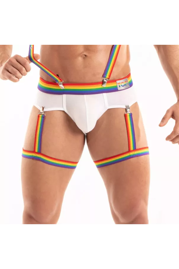 The Pride Leg Harness with a White Brief