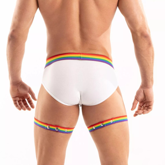 Men Wearing a Pride Leg Harness From Back