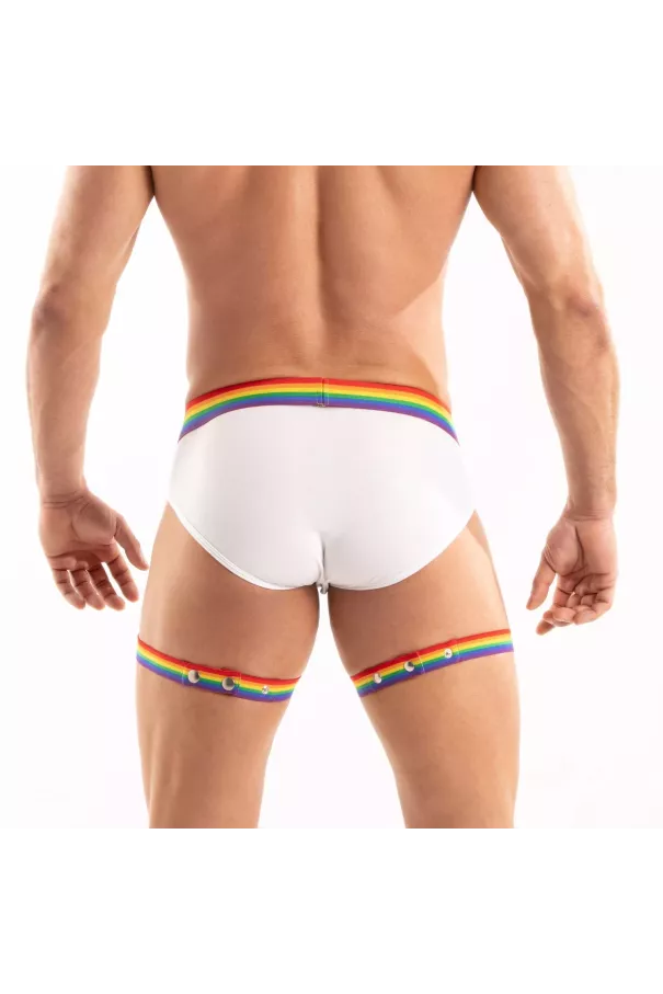 Men Wearing a Pride Leg Harness From Back