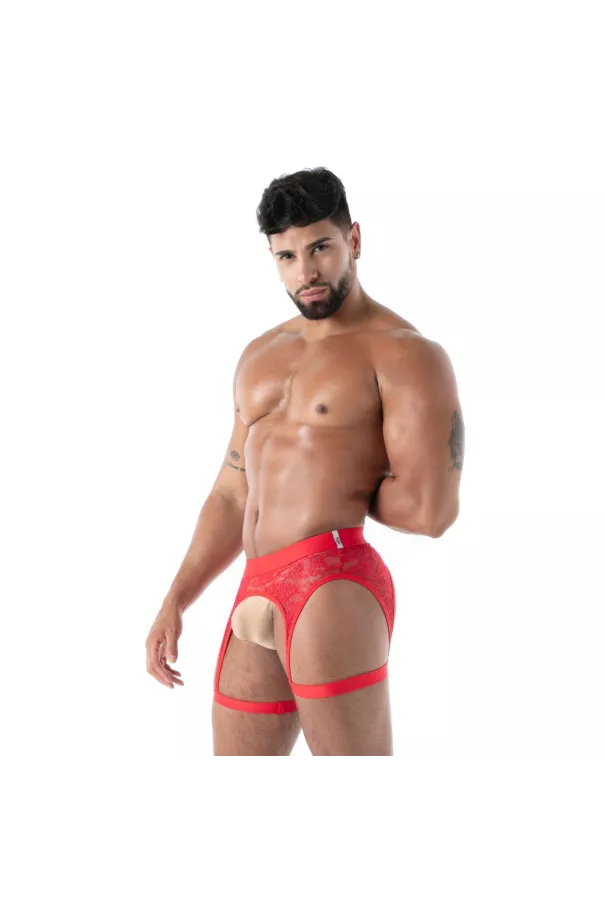 Men with a fluid lace garter strap red
