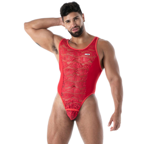 Red Fluid Lace Bodysuit for Men | Sexy Lingerie by TOF Paris - Rouge