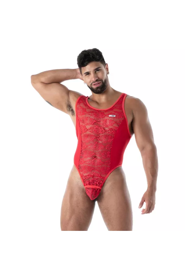 Red Fluid Lace Bodysuit for Men | Sexy Lingerie by TOF Paris - Rouge