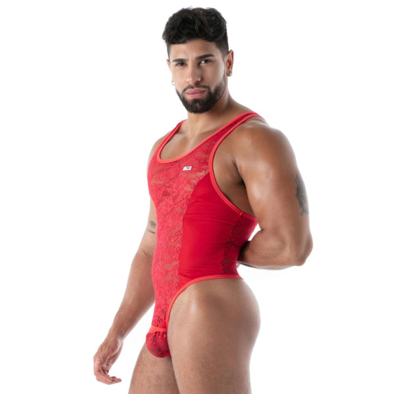Red Fluid Lace Bodysuit for Men | Sexy Lingerie by TOF Paris - Rouge