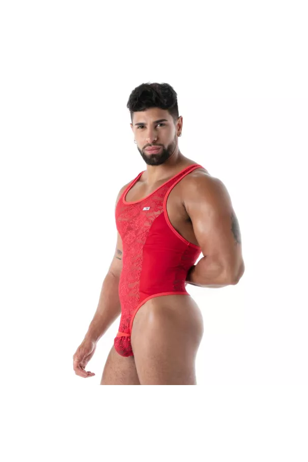 Red Fluid Lace Bodysuit for Men | Sexy Lingerie by TOF Paris - Rouge