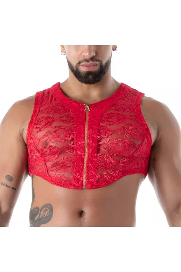 Fluid Lace Zipped Crop top Red