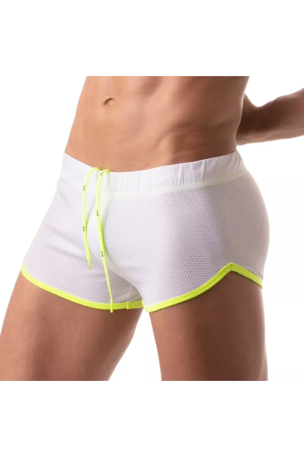 Mesh Short - White - Men - Neon Yellow