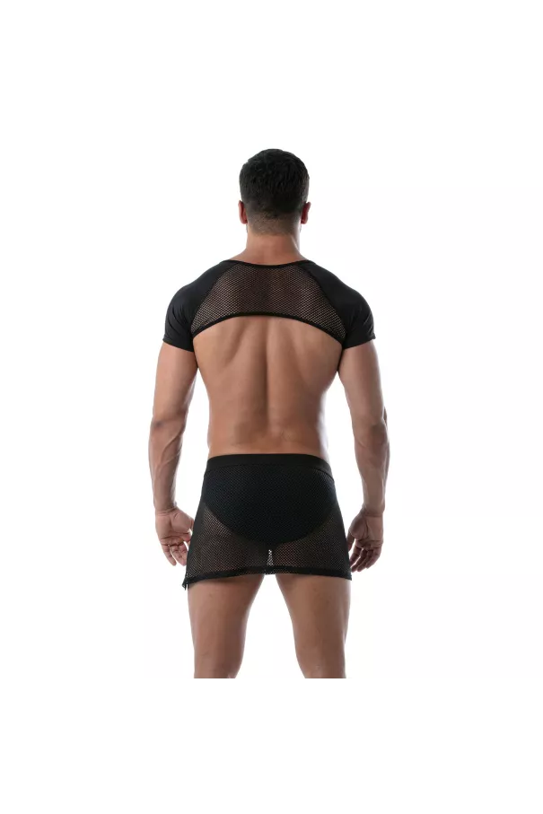 Men from back with a mesh black skirt