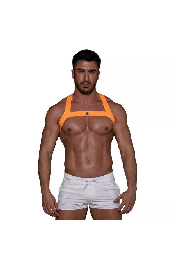 Fetish Harness Neon Orange with a sexy short white