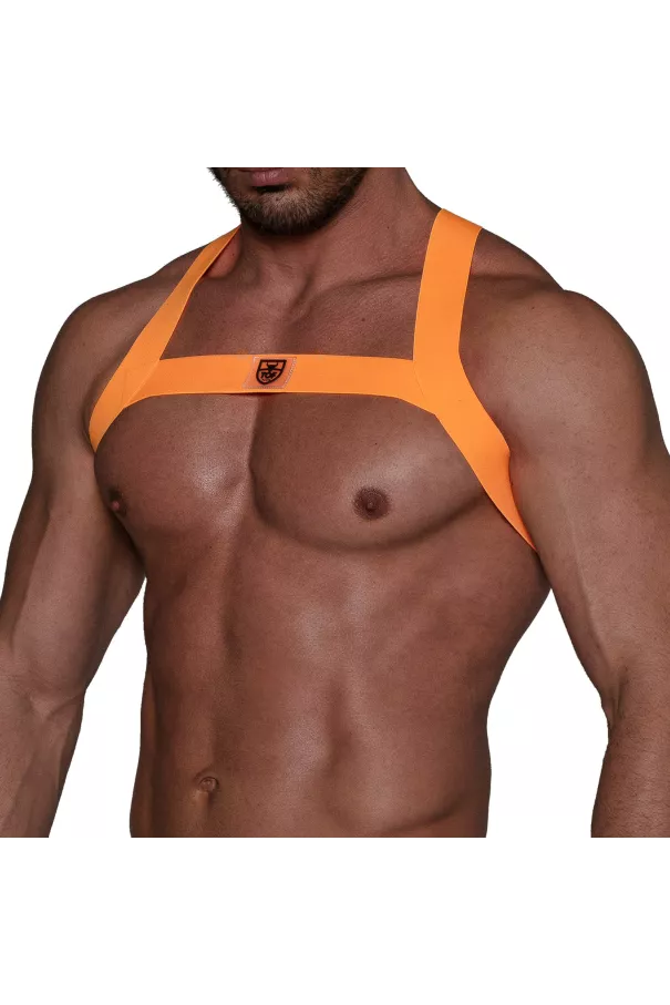 Fetish Harness Neon Orange from sideways with tof logo