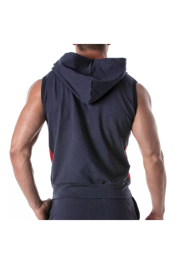 zipped sleeveless hoodie navy blue from the back