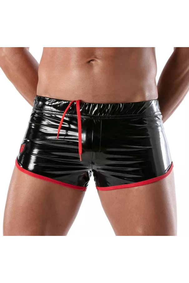 Close-up view of black and red vinyl men's shorts