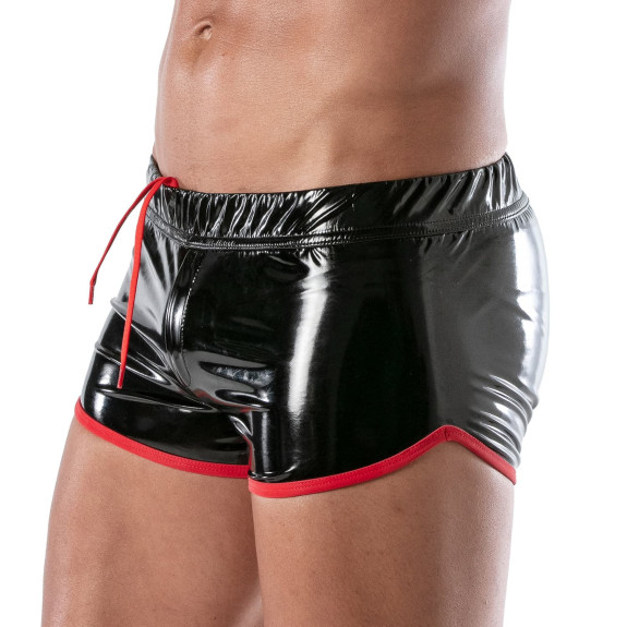 Close-up view of black and red vinyl men's shorts with side view