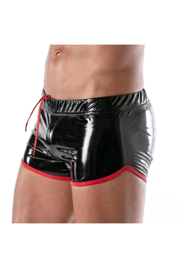 Close-up view of black and red vinyl men's shorts with side view