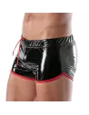 Close-up view of black and red vinyl men's shorts with side view