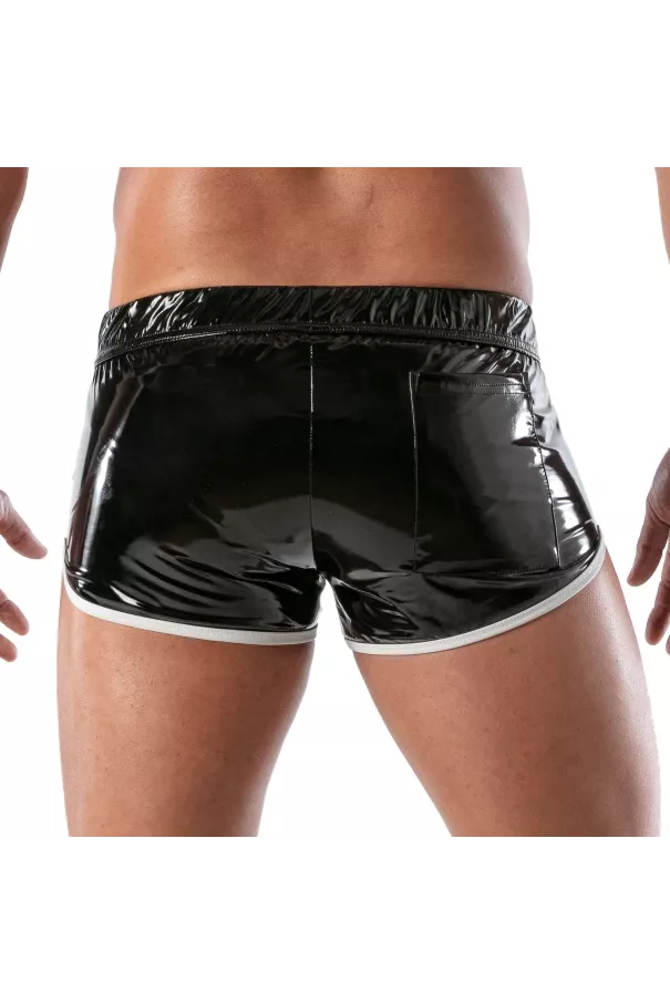 black and white vinyl fetish shorts from behind with tight shot