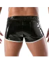 black and white vinyl fetish shorts from behind with tight shot