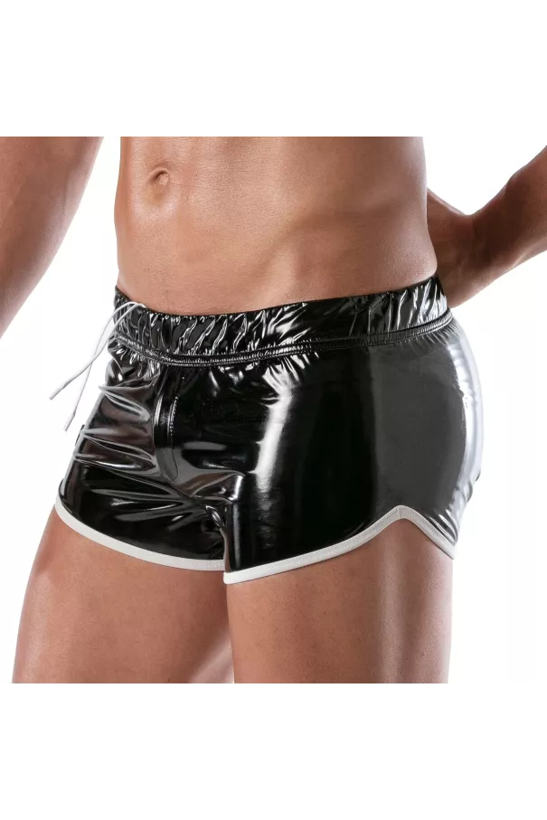 black and white vinyl shorts in profile tight shot