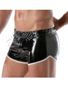 black and white vinyl shorts in profile tight shot