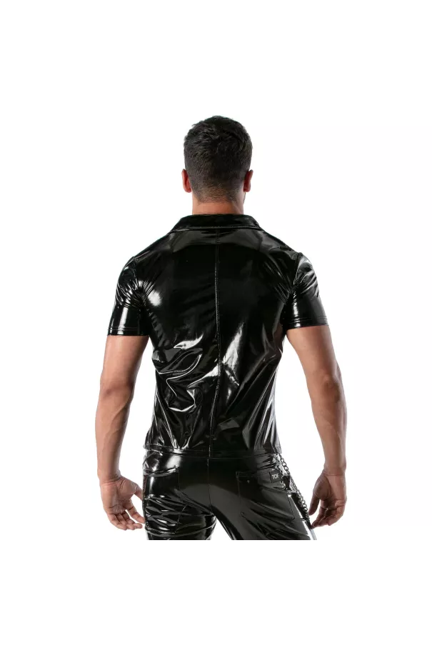 man wearing a black vinyl zipped vest from the back