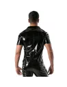 man wearing a black vinyl zipped vest from the back