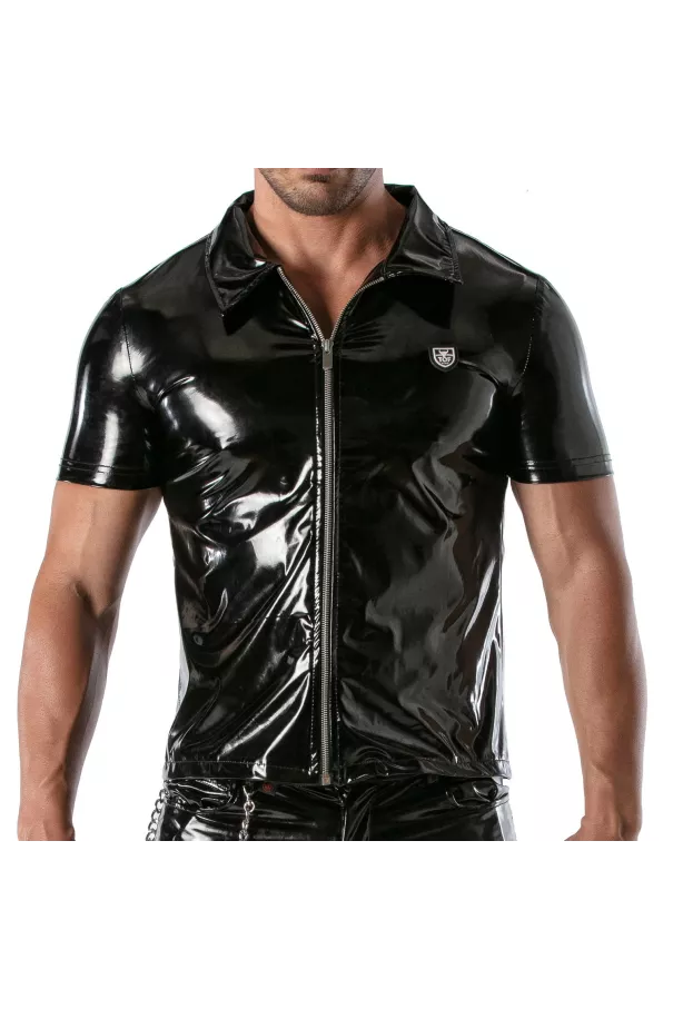 man wearing a black vinyl zipped vest
