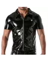 man wearing a black vinyl zipped vest