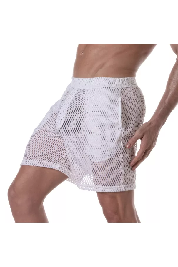 See Through Mens Long Shorts White from sideway