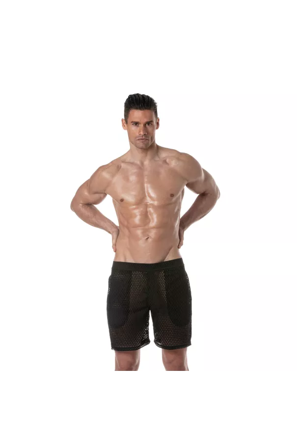 See Through Mens Long Shorts Black from face