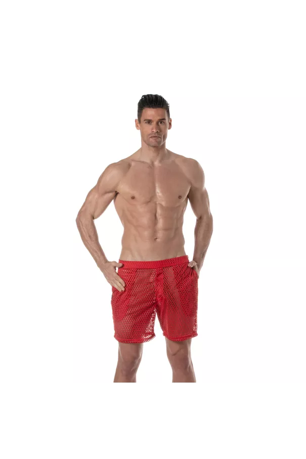 See Through Mens Long Shorts Red from face