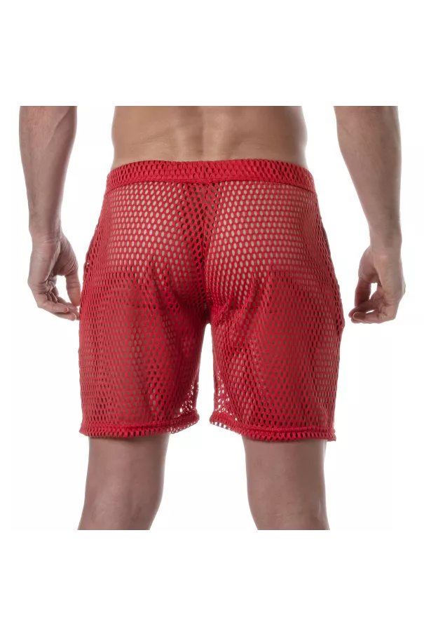See Through Mens Long Shorts Red from the back