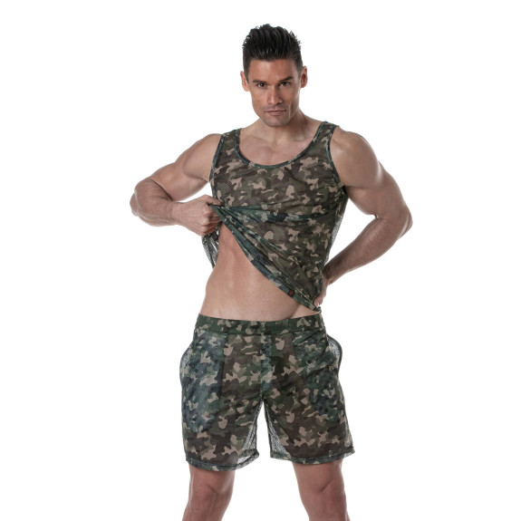 See Through Mesh Tank Top Khaki Camo from face
