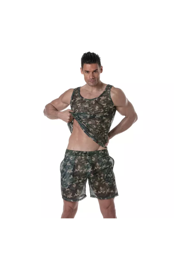 See Through Mesh Tank Top Khaki Camo from face