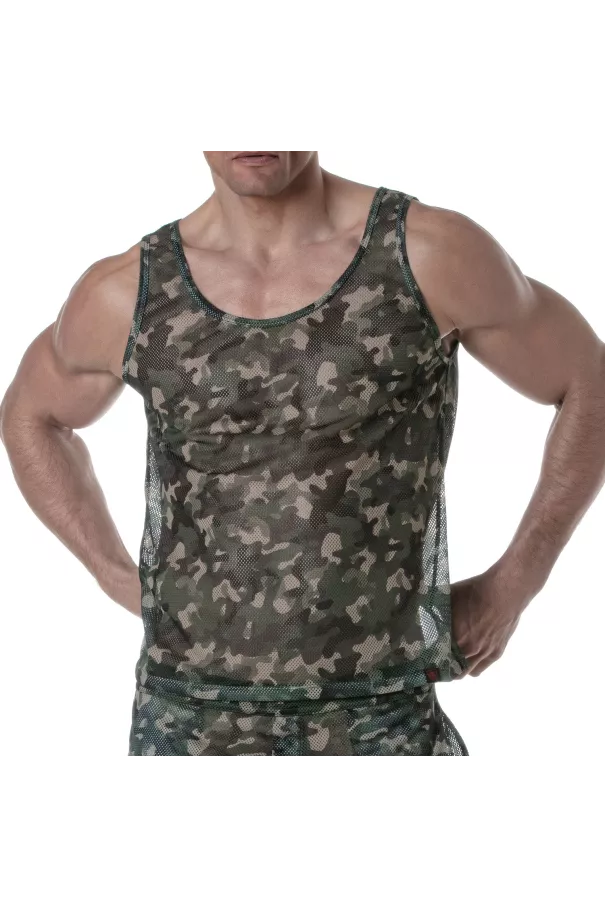 See Through Mesh Tank Top Khaki Camo