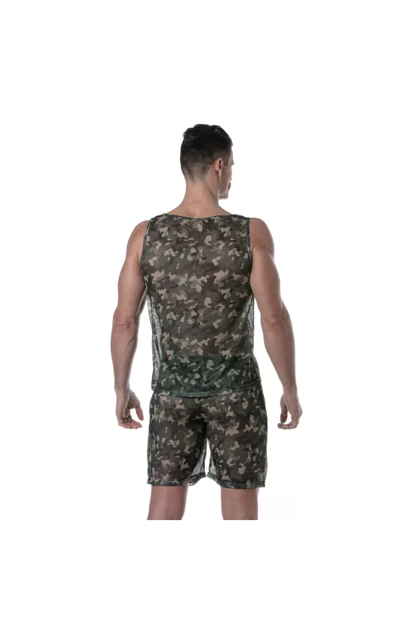 See Through Mesh Tank Top Khaki Camo For Men - Tof Paris