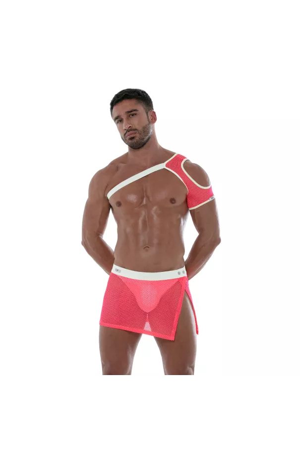 Neon Mesh Shoulder Harness Pink with a sexy short