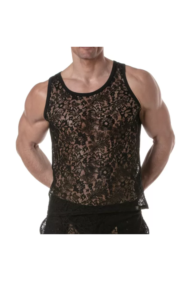 Men wearing Lace Tank Top Black