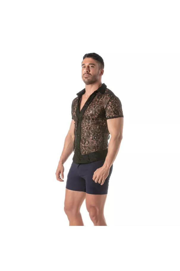 Men Wearing a Lace Short Sleeves Shirt Sideway