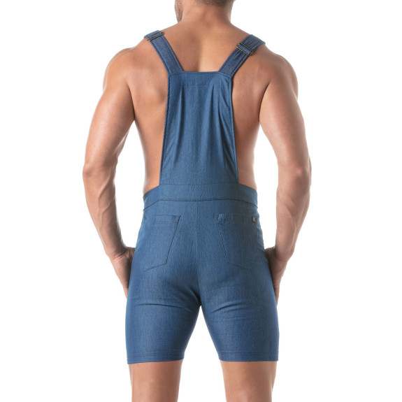 Light Denim Overall Shorts from the back