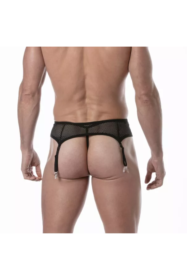 Men Wearing a Circuit Fishnet Garter belt set Black Back View With Thong